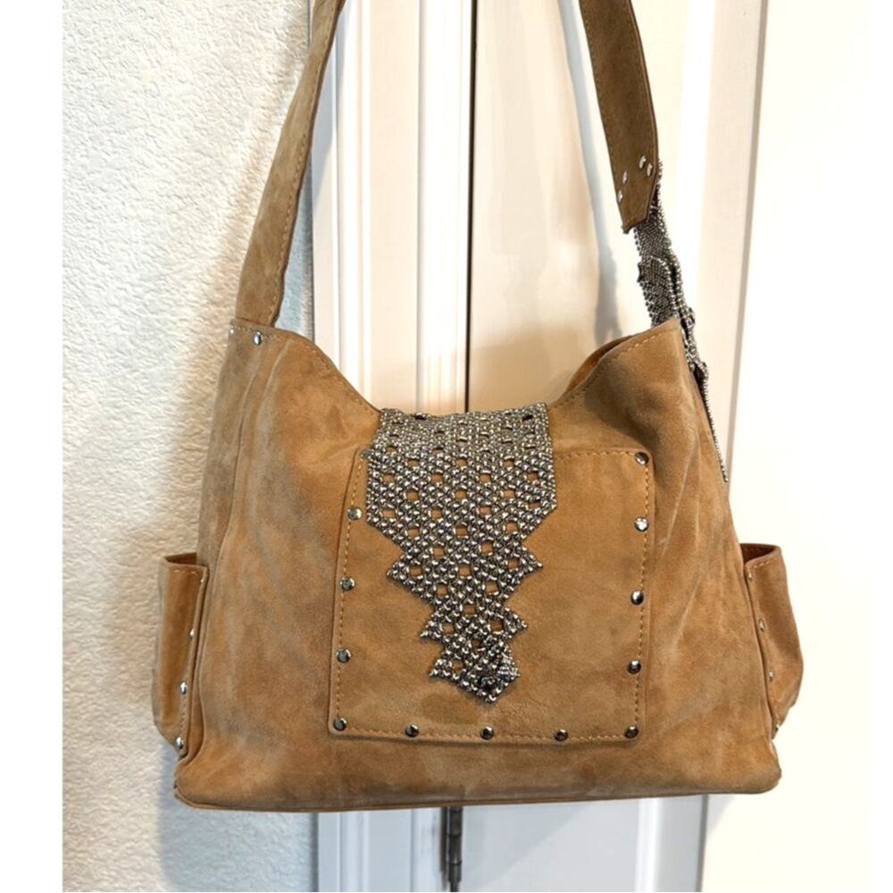 Sergio Gutierrez Liquid Metal collection camel suede crossbody shoulder bag - Picture 2 of 16